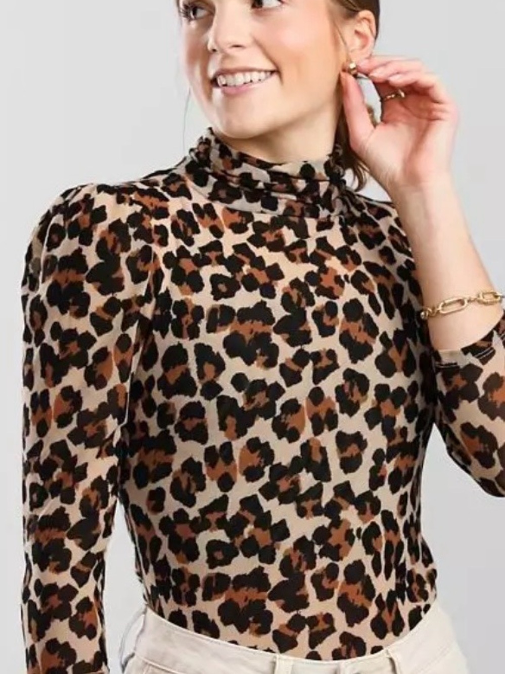 Free People Leopard Mock Neck Long Sleeve Top in Tan and Brown